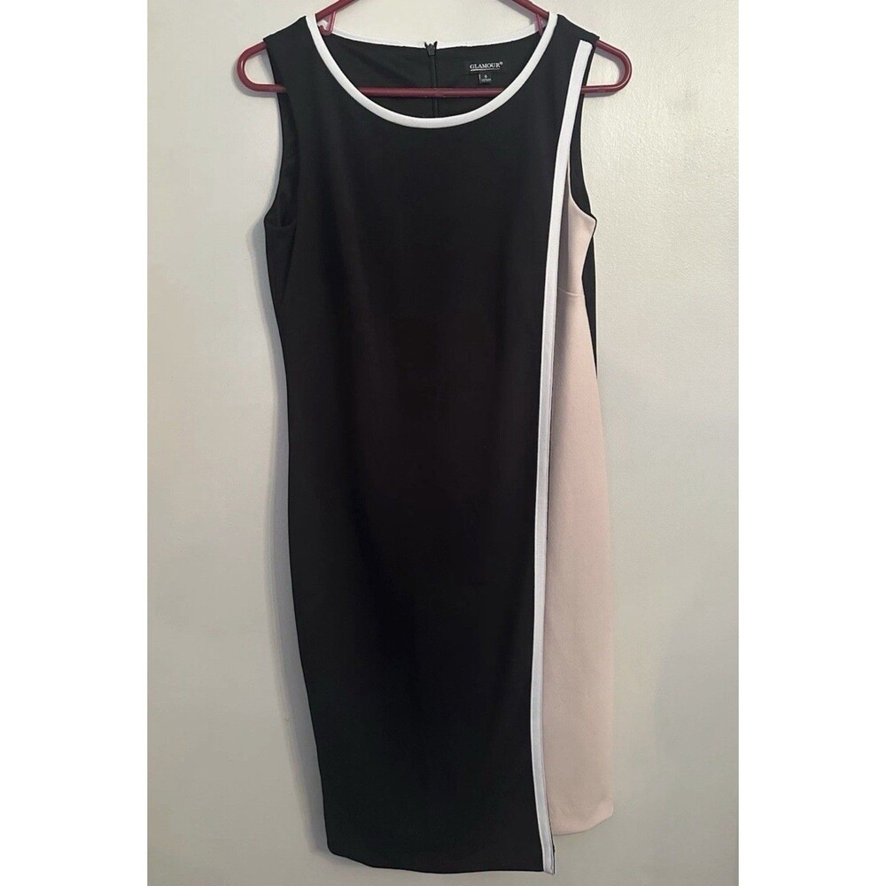 Glamour Sheath Black Pink Dress Round Neck Sleeveless Knee Length 6 Classic Work